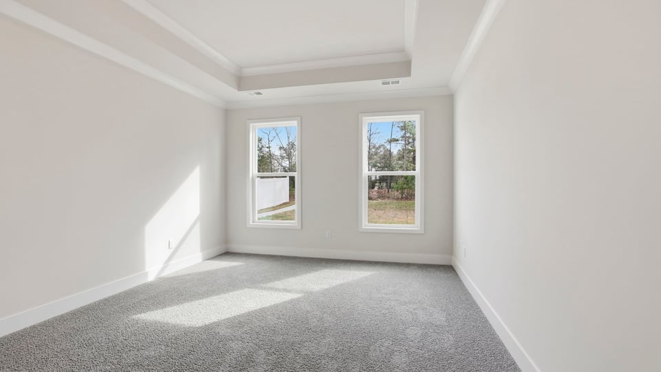 Primary bedroom with windows and trey ceiling.