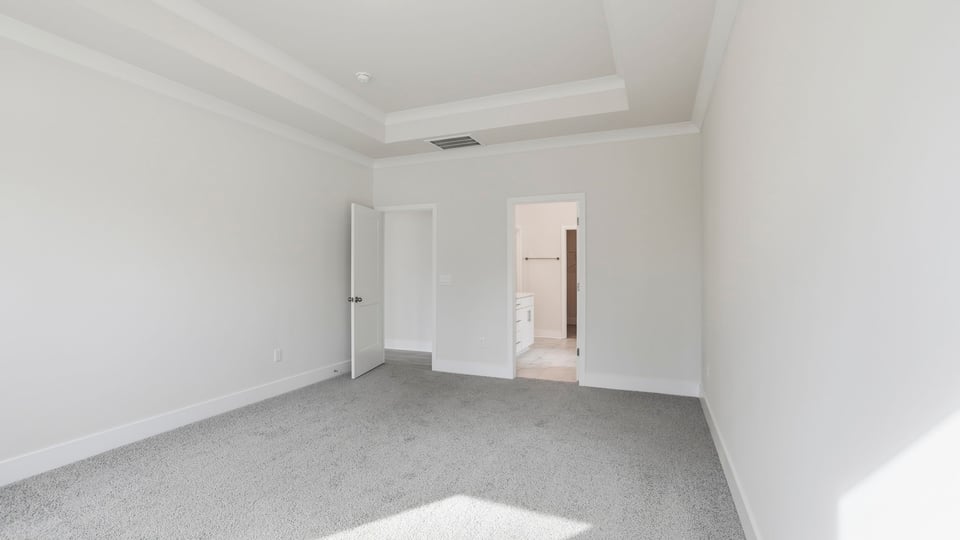Primary bedroom with windows and trey ceiling.