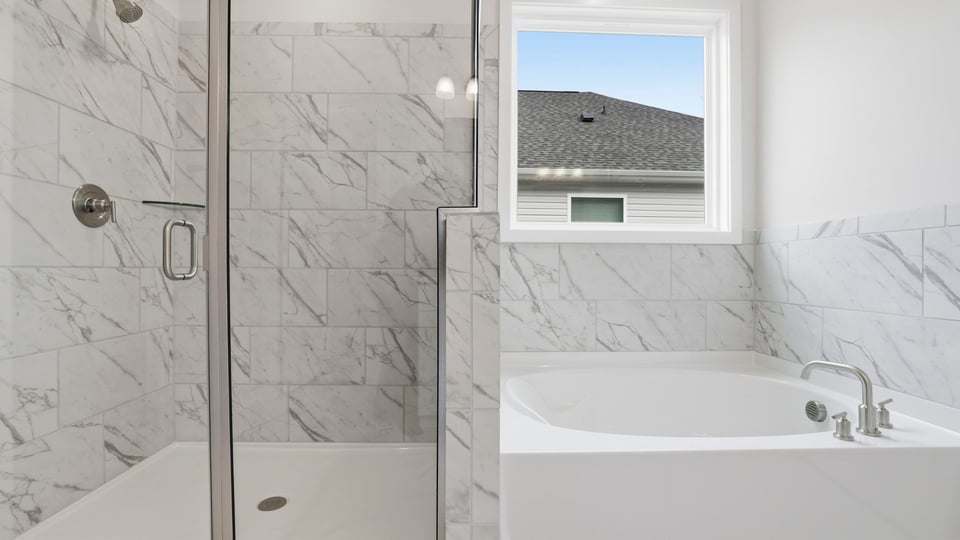 Primary bathroom with walk-in shower and garden tub.