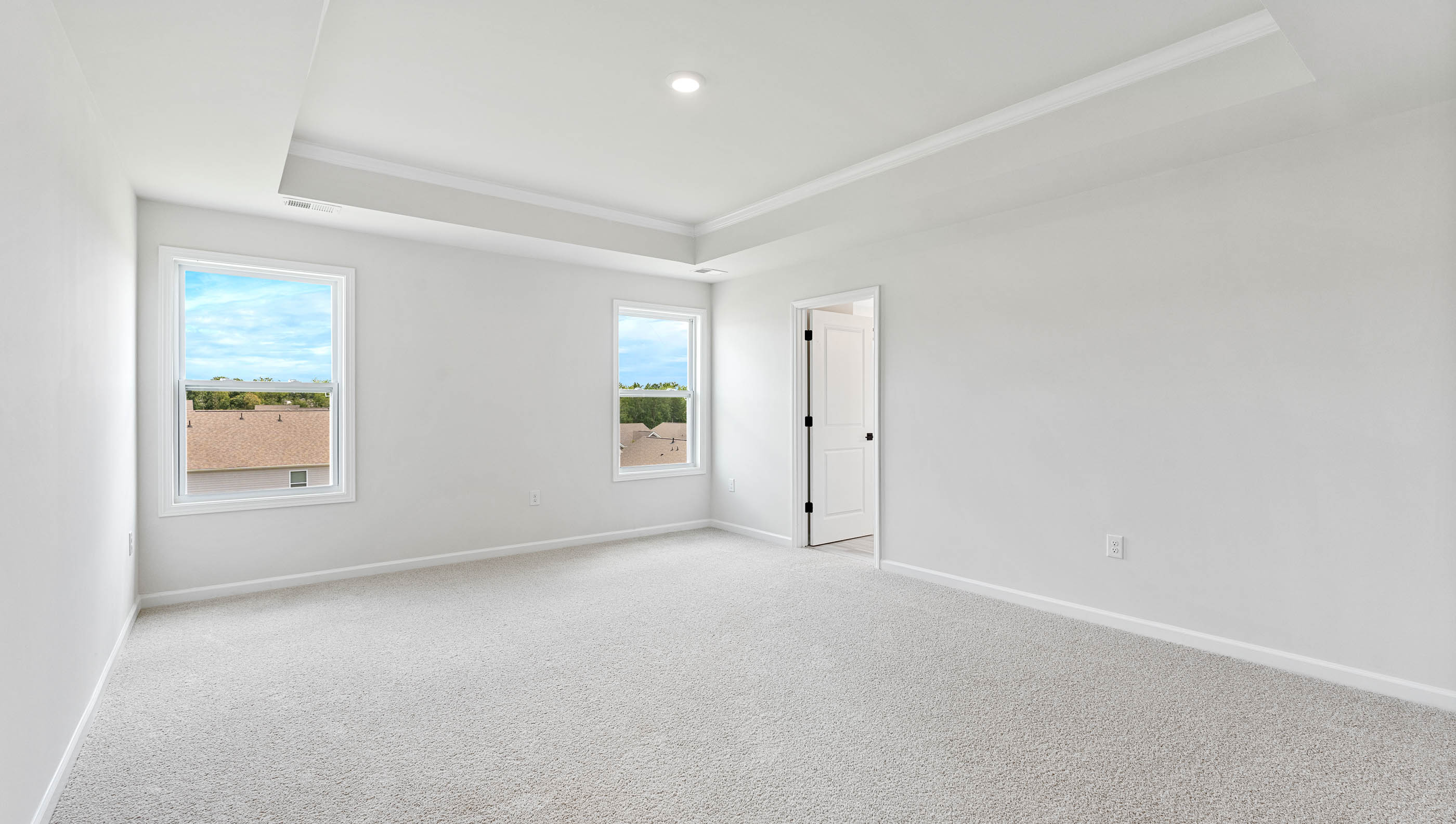 Primary bedroom with trey ceiling, windows and carpet.