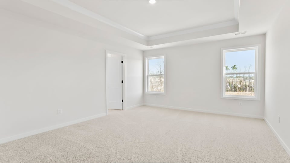 Primary bedroom with trey ceiling, recessed lighting and two large windows.