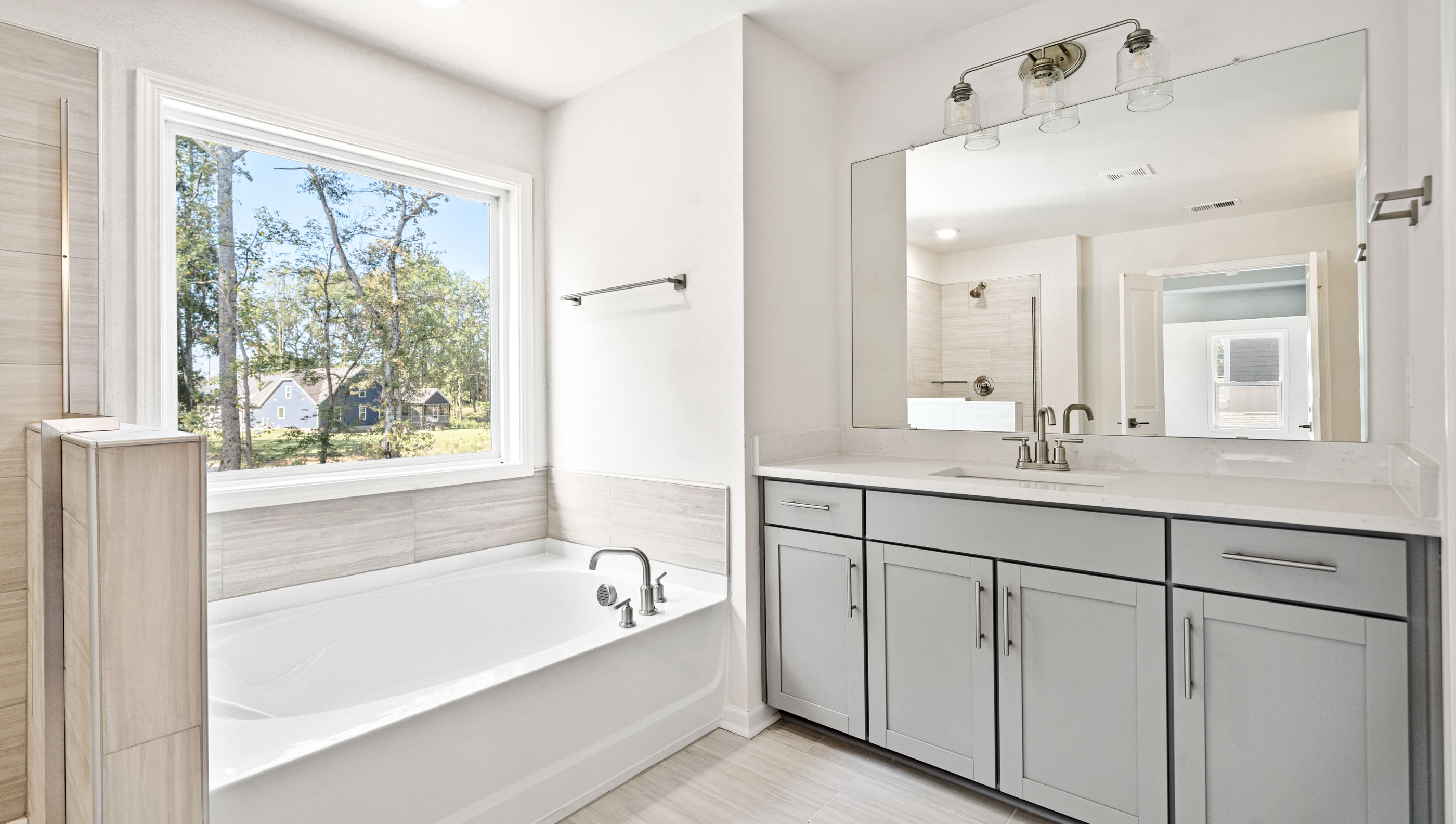 Bathroom with double vanity sink.