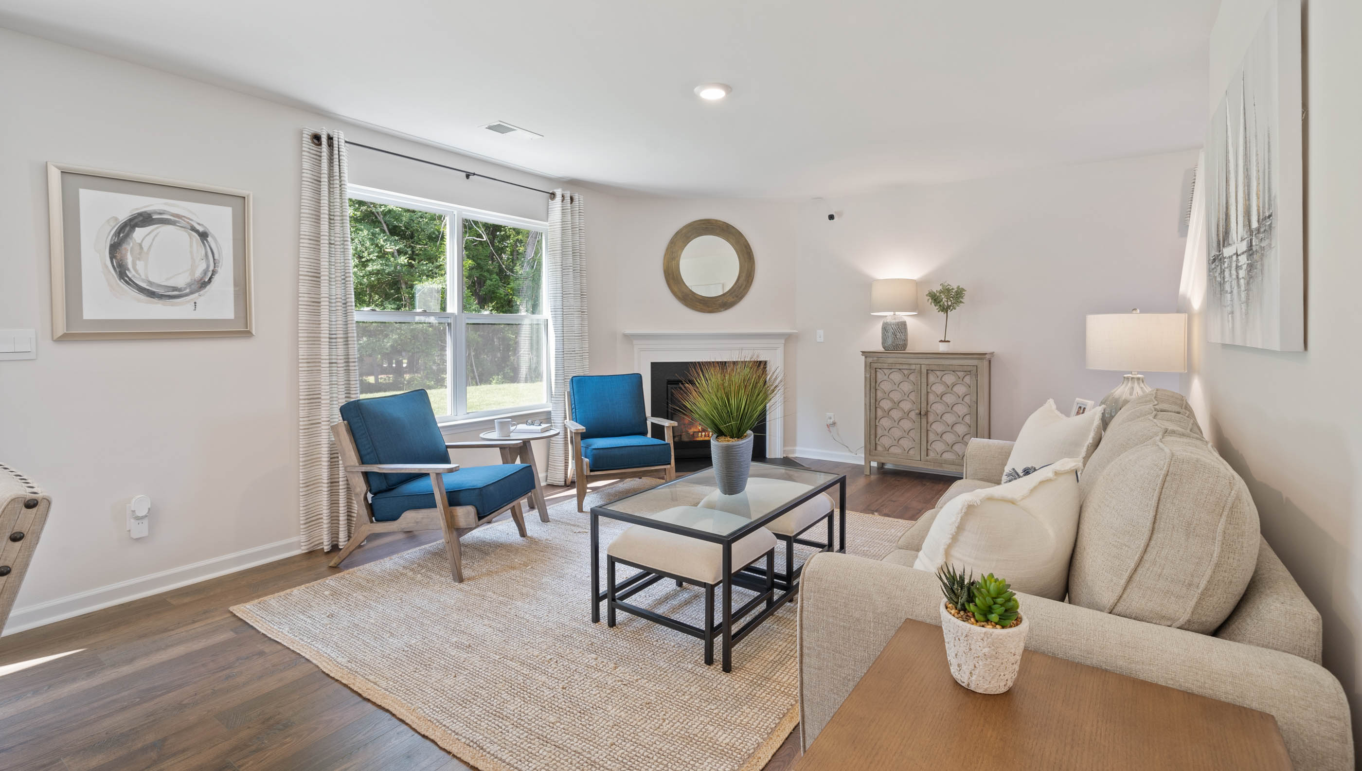 Family room with large windows.