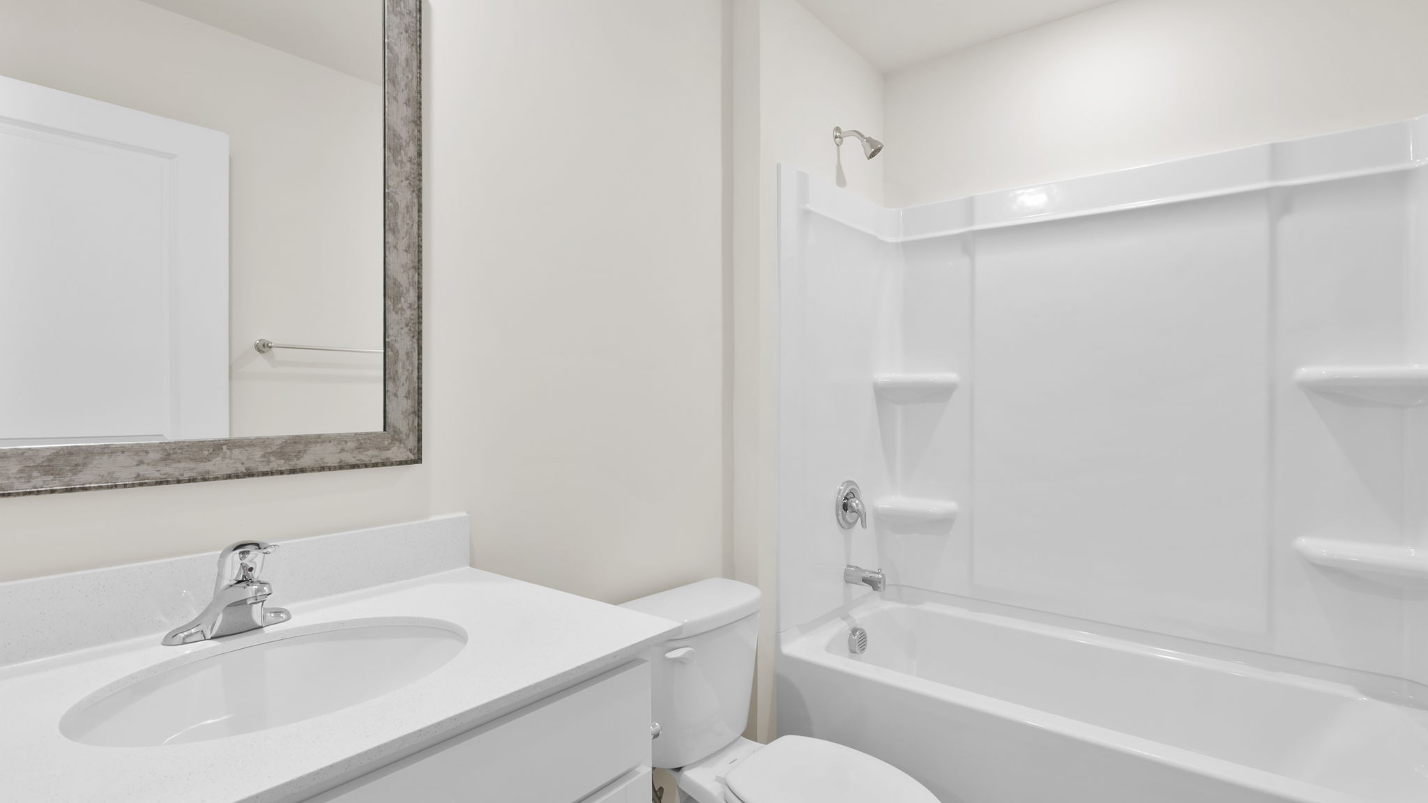 Bathroom with single vanity sink.