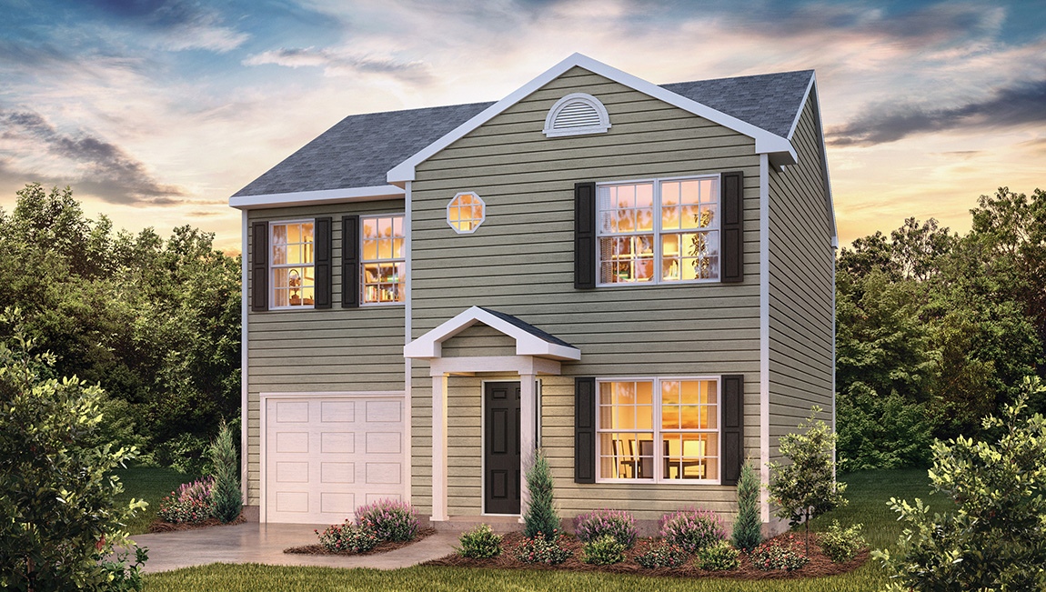 Rachel two story front exterior rendering with grey siding and garage