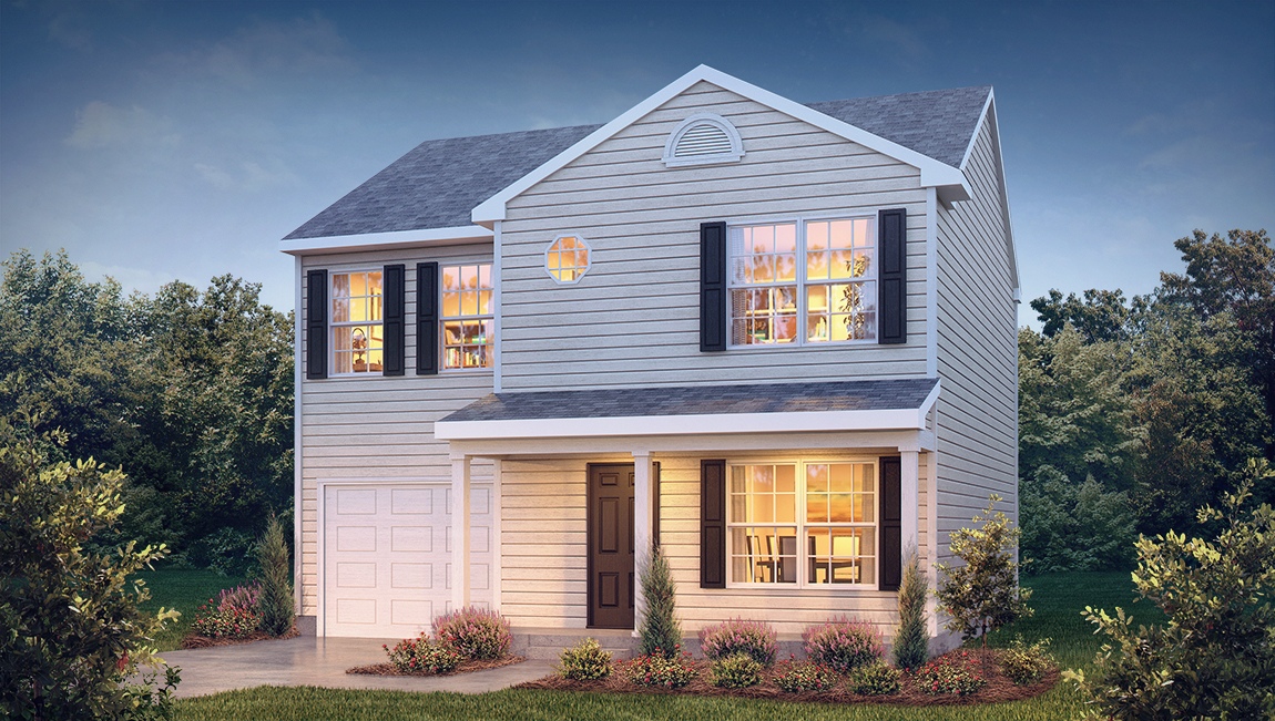 Rachel two story front exterior rendering with white siding and garage