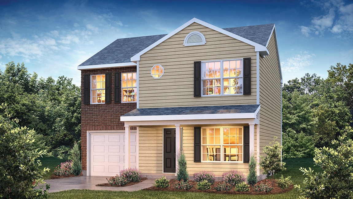 Rachel two story front exterior rendering with yellow siding, brick,  and garage