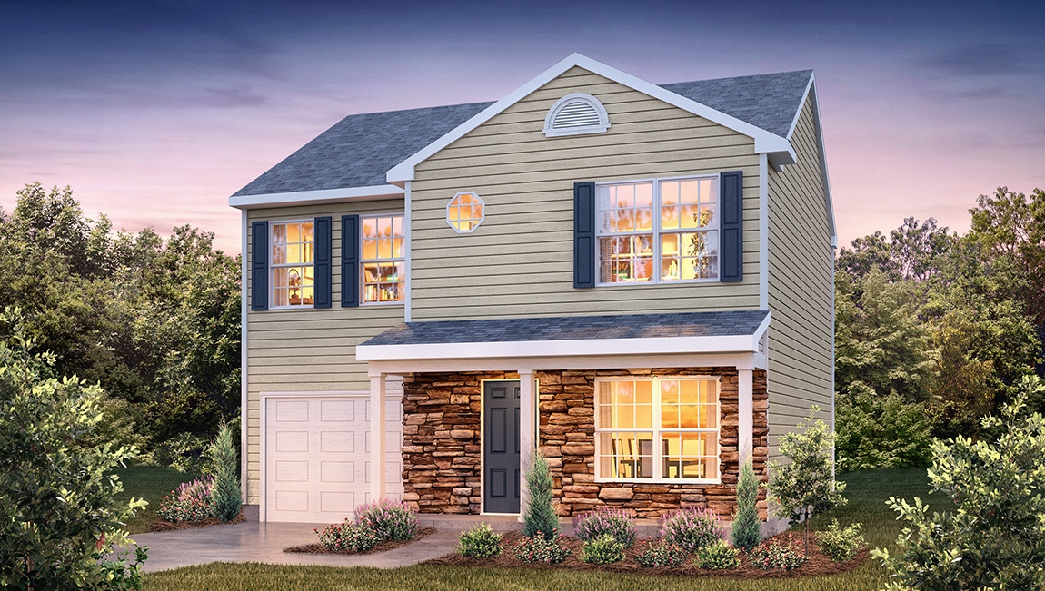 Rachel two story front exterior rendering with yellow siding, stone, and garage