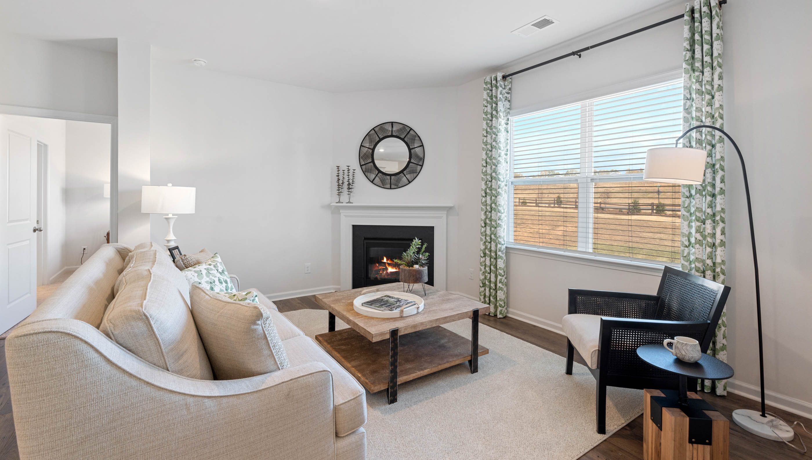 Living room with window and fireplace.