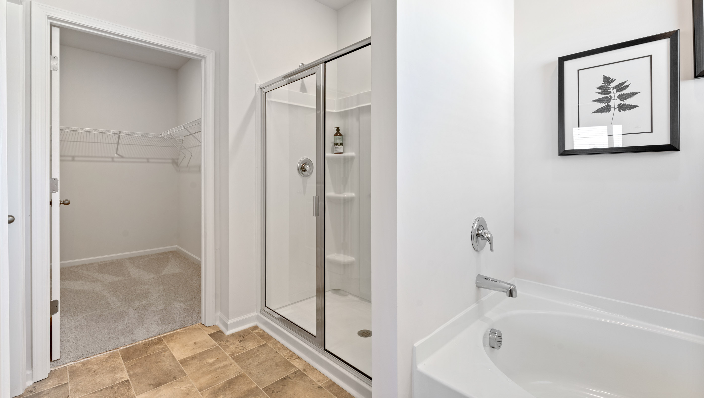 Bathroom with walk in shower and closet.