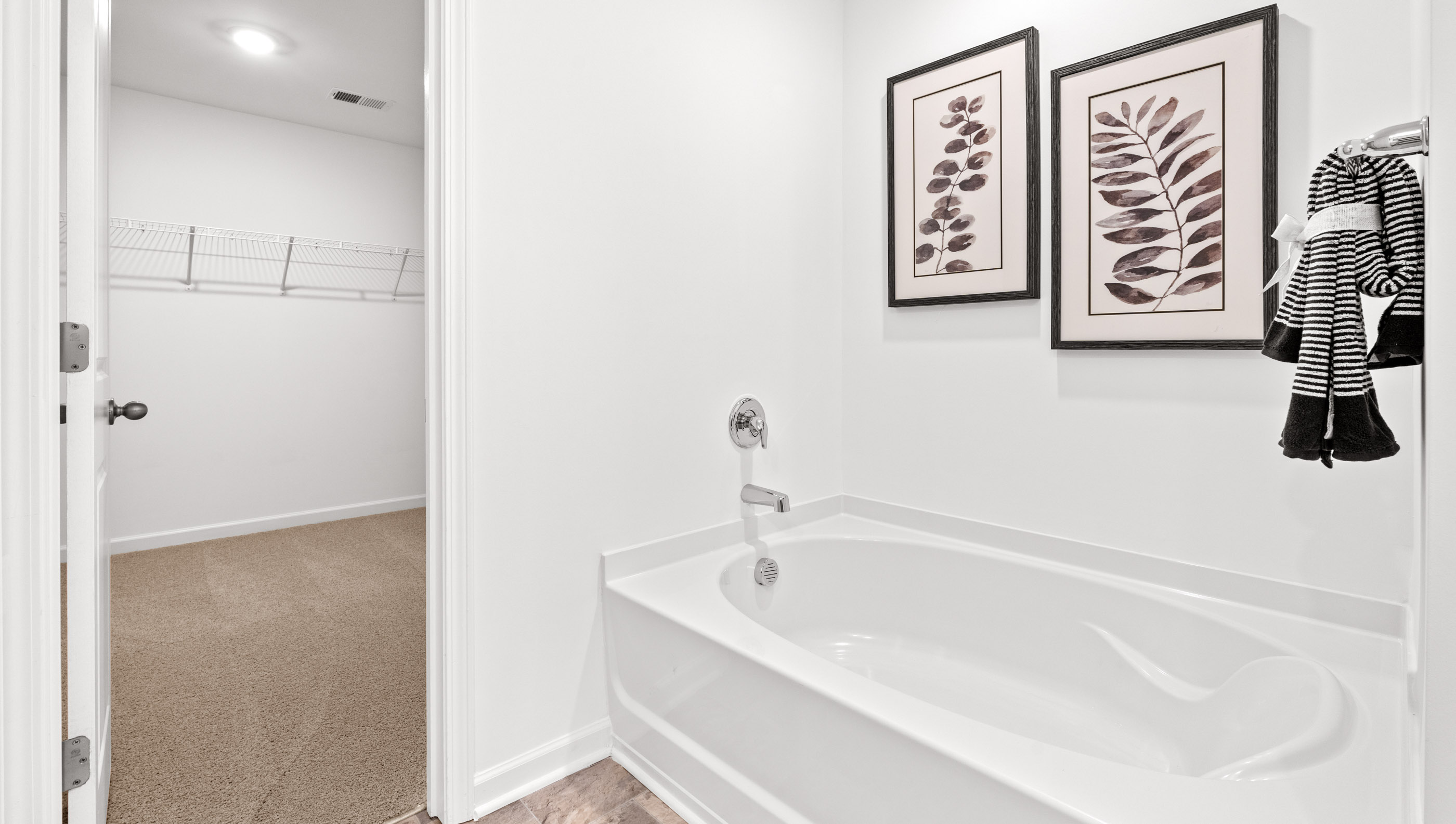 Bathroom with walk in closet and bathtub.