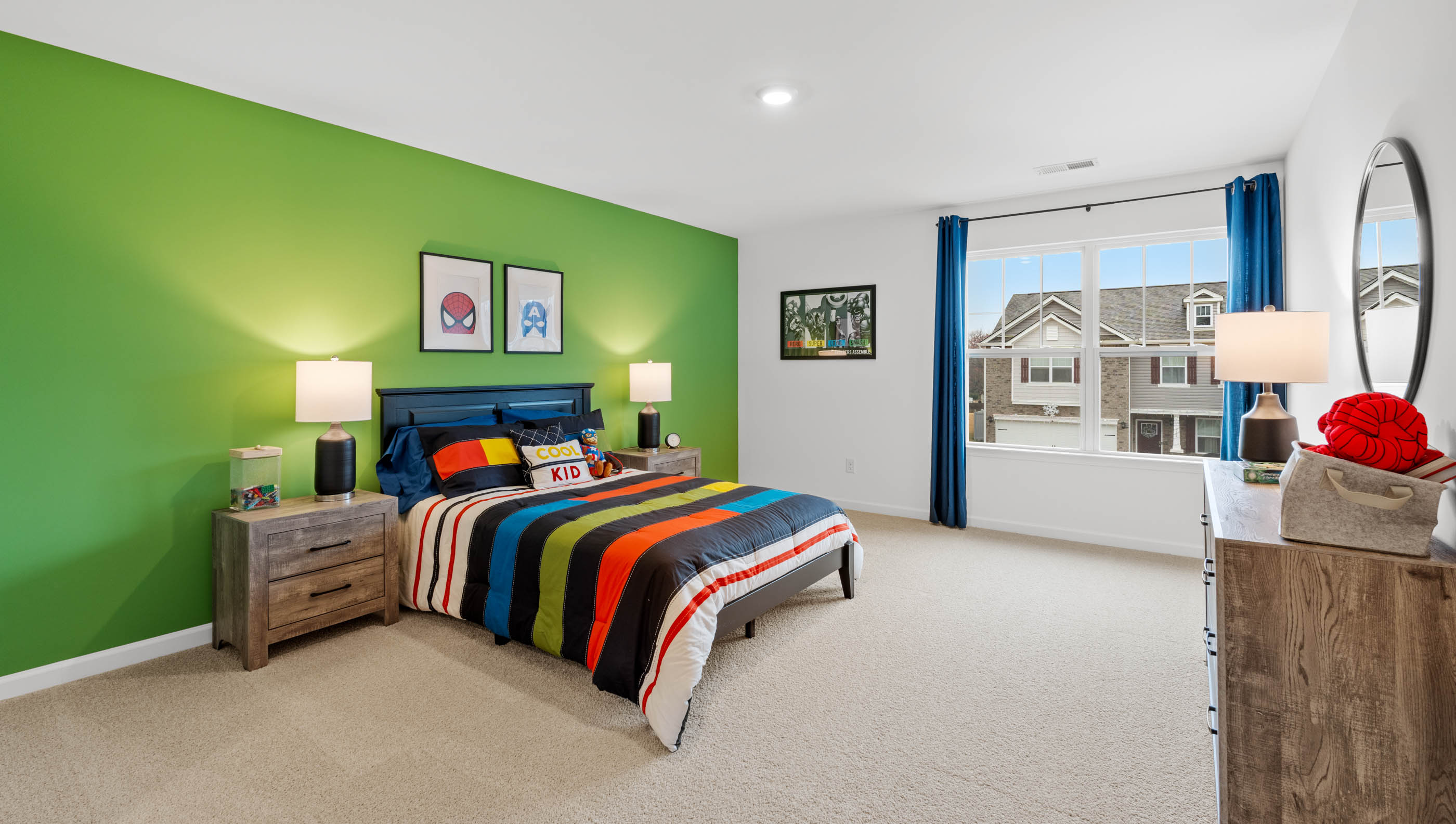 Bedroom with carpet and windows.