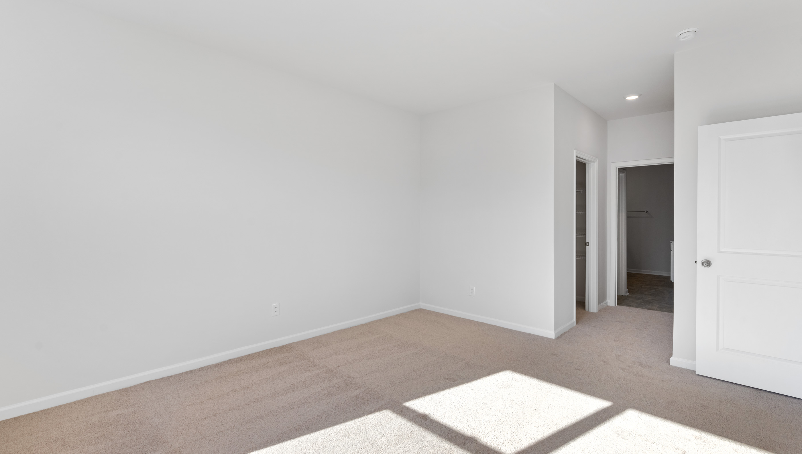 Primary bedroom with carpet and window.