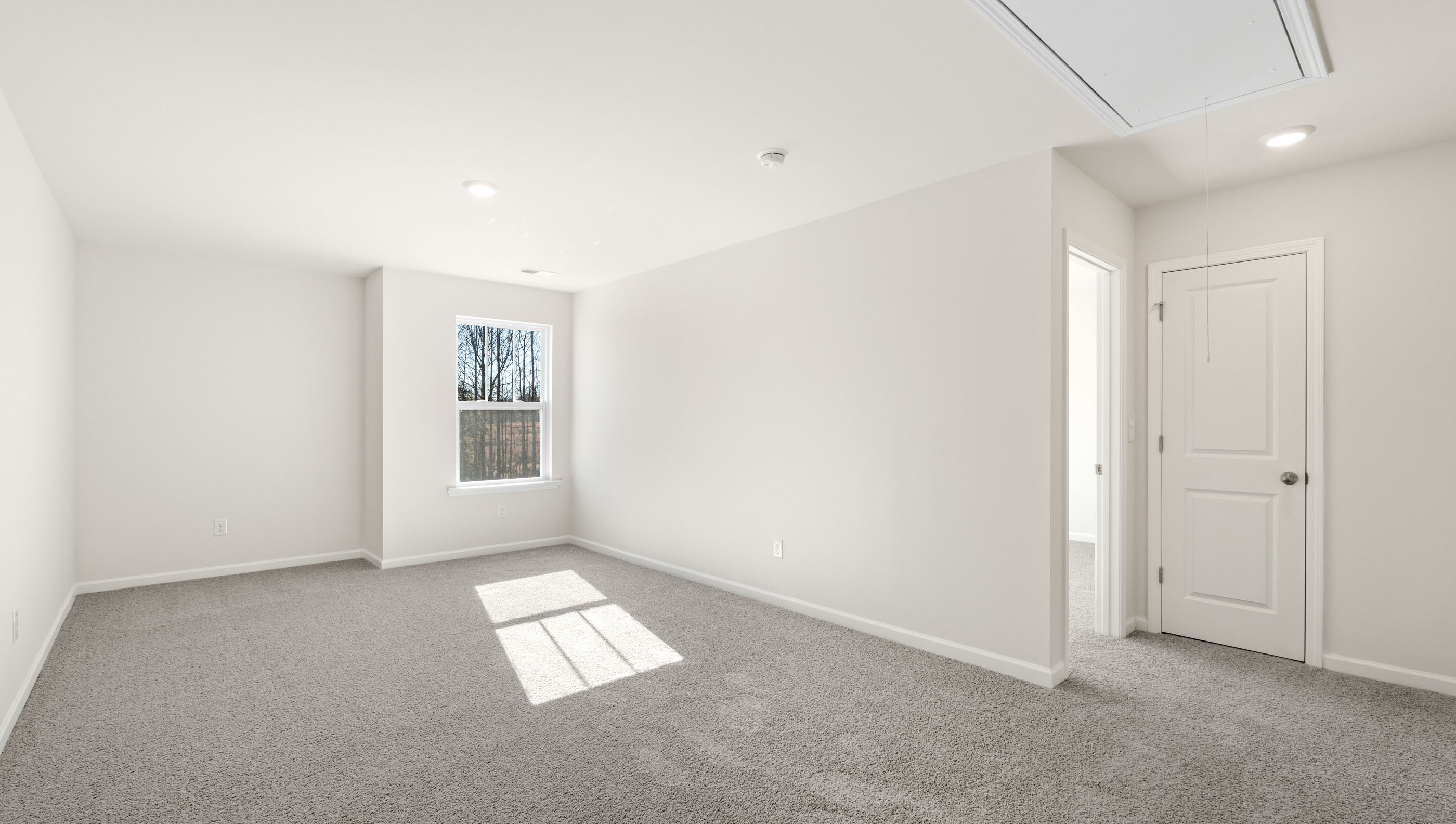 Bedroom with carpet and window.