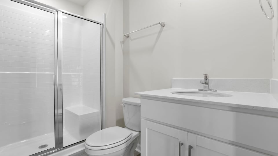 Bathroom with vanity and walk in shower.