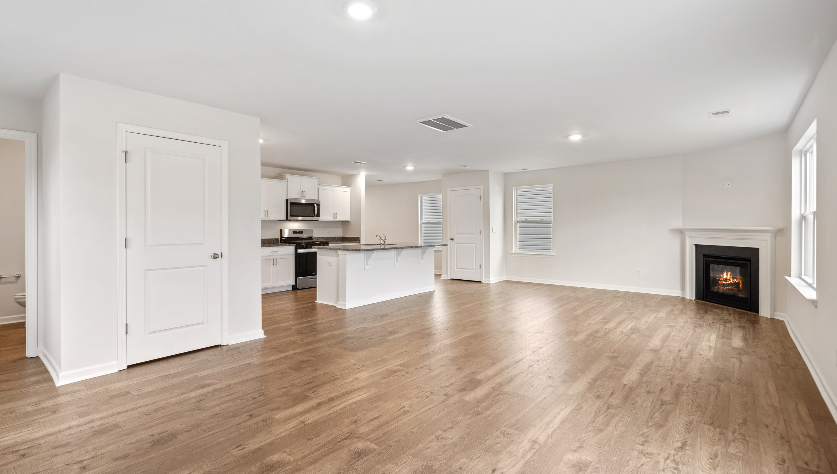 Dining room with view of fire place.