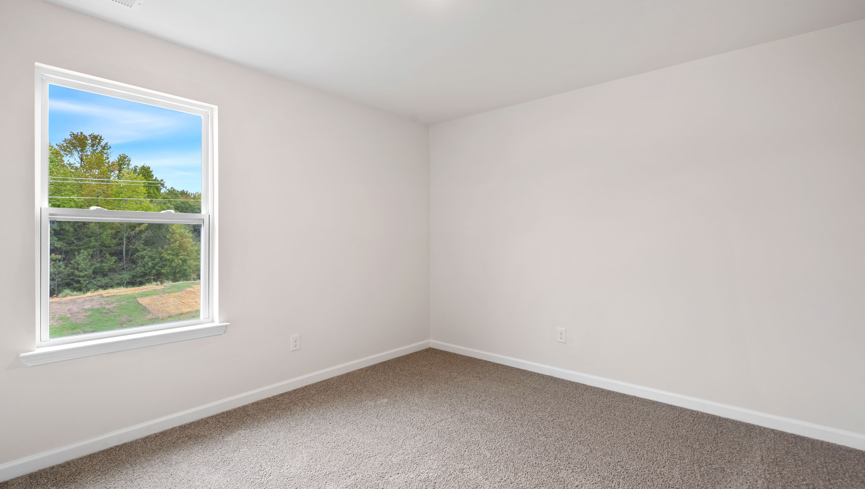 Room with carpet and large windows.
