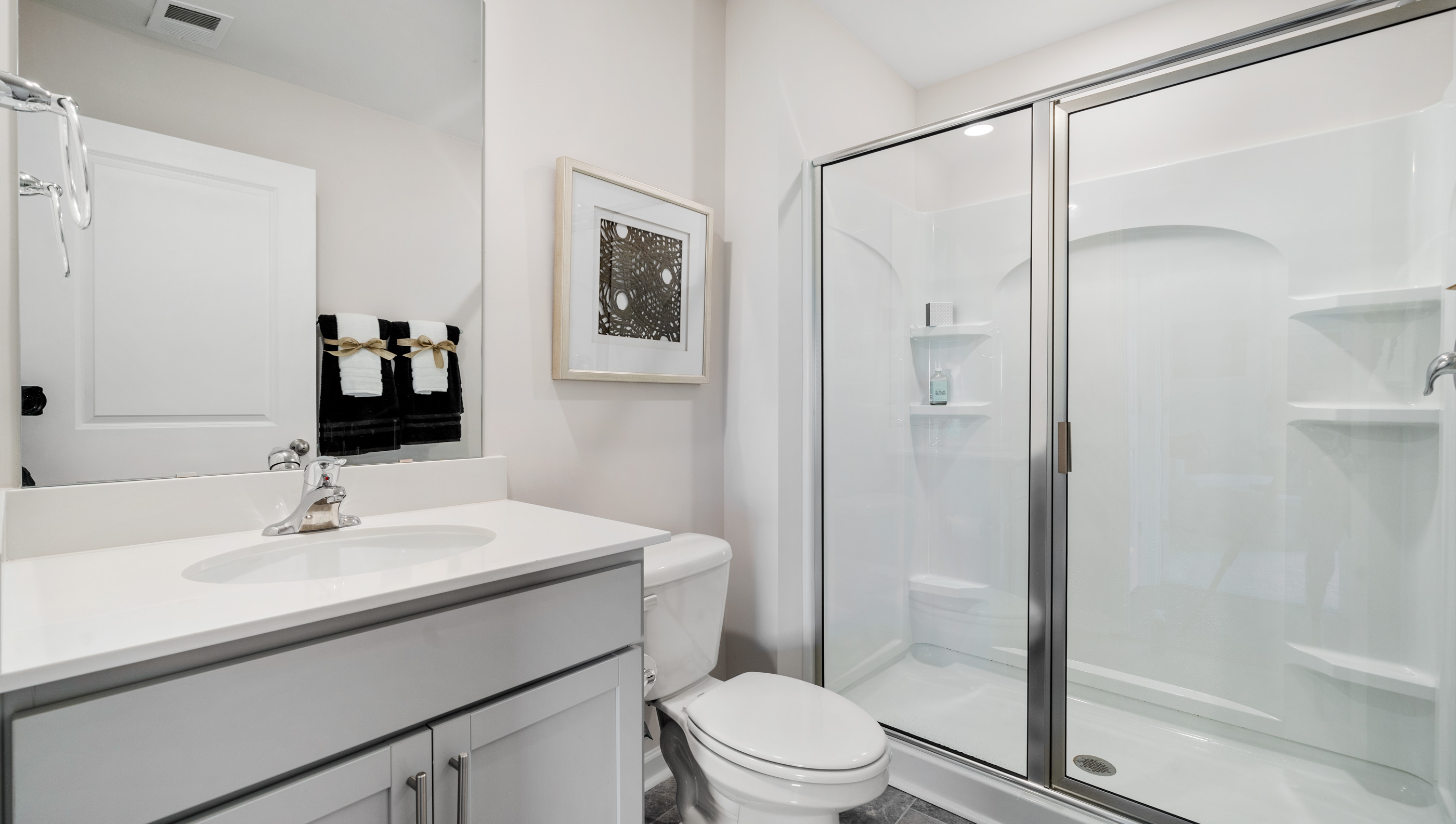 Vanity and walk-in shower.