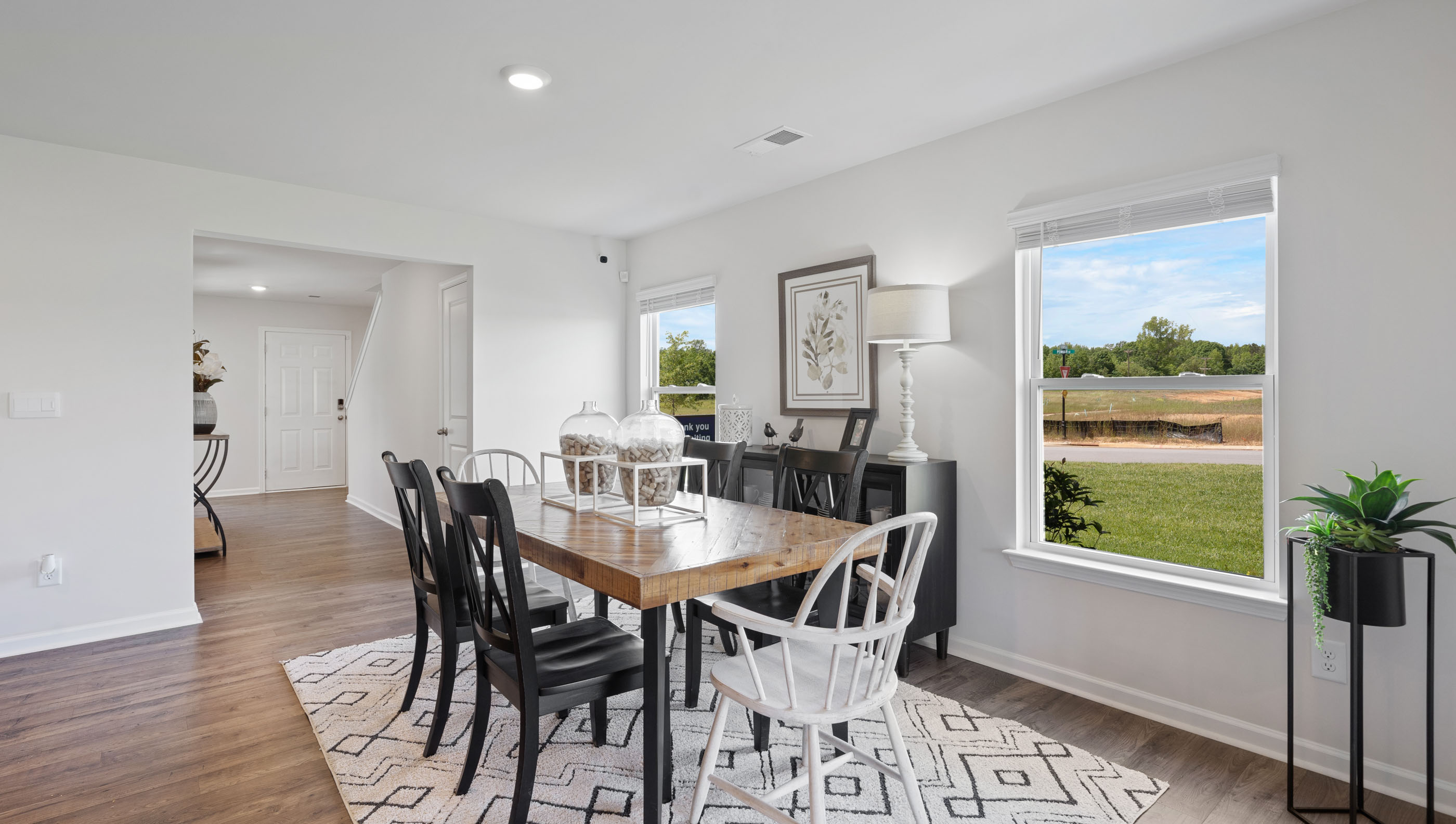 Dining room with large window.