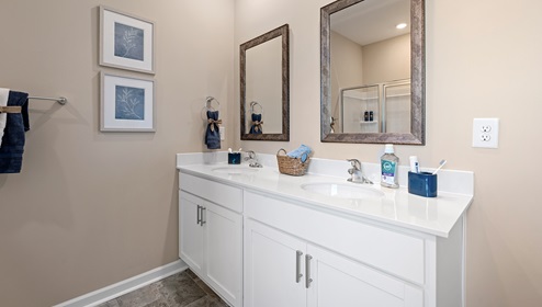 Bathroom with double vanity sink.