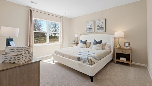 Bedroom with carpet and window.