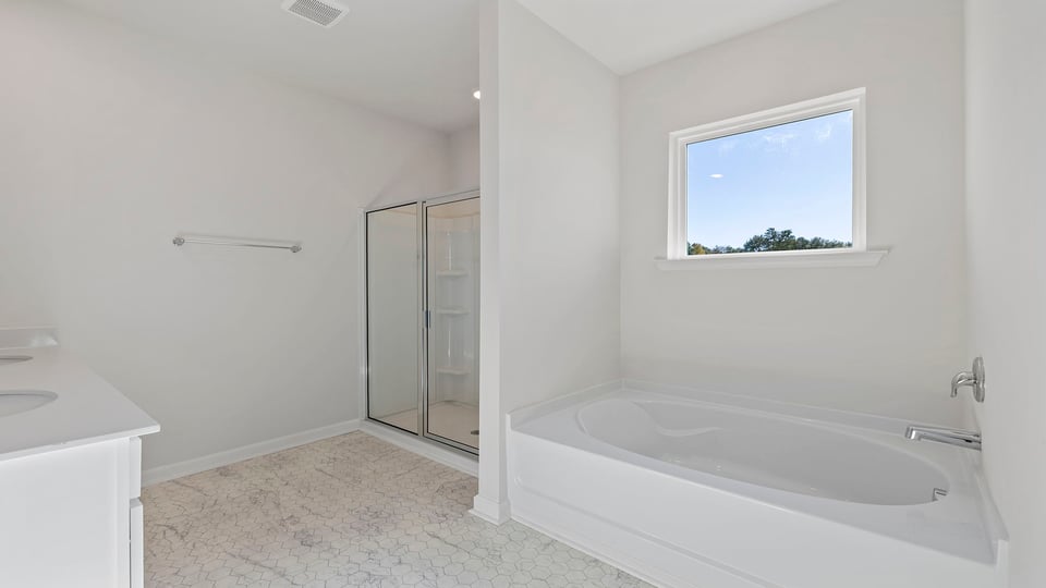 Bathroom with double sink vanity and walk in shower.