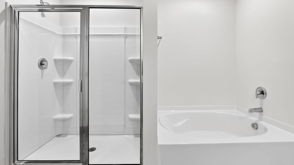Bathroom with walk in shower and bathtub.