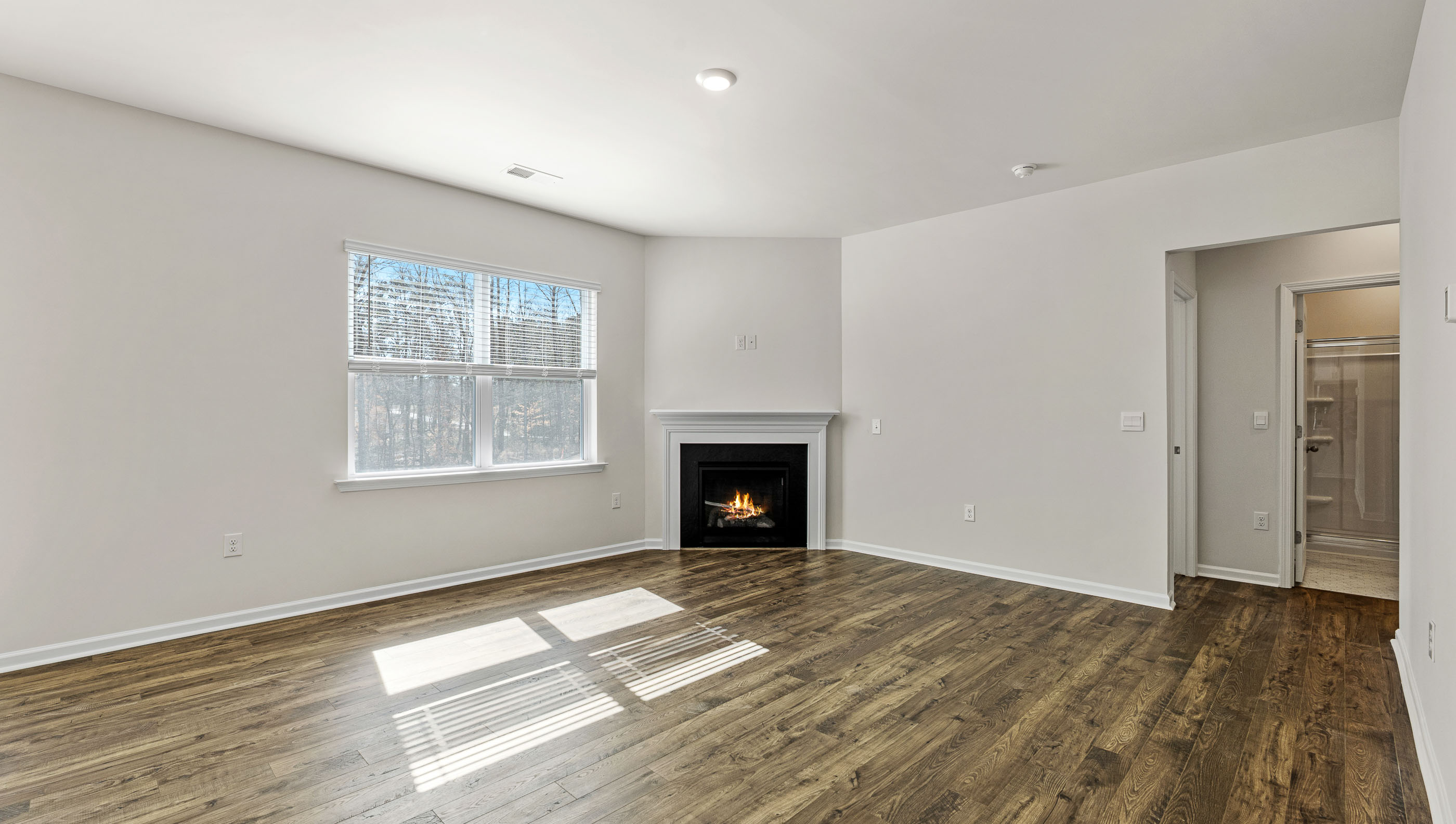 Family room with window and fireplace.