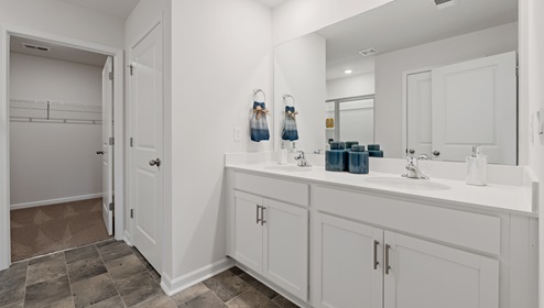 Bathroom with double vanity sink.