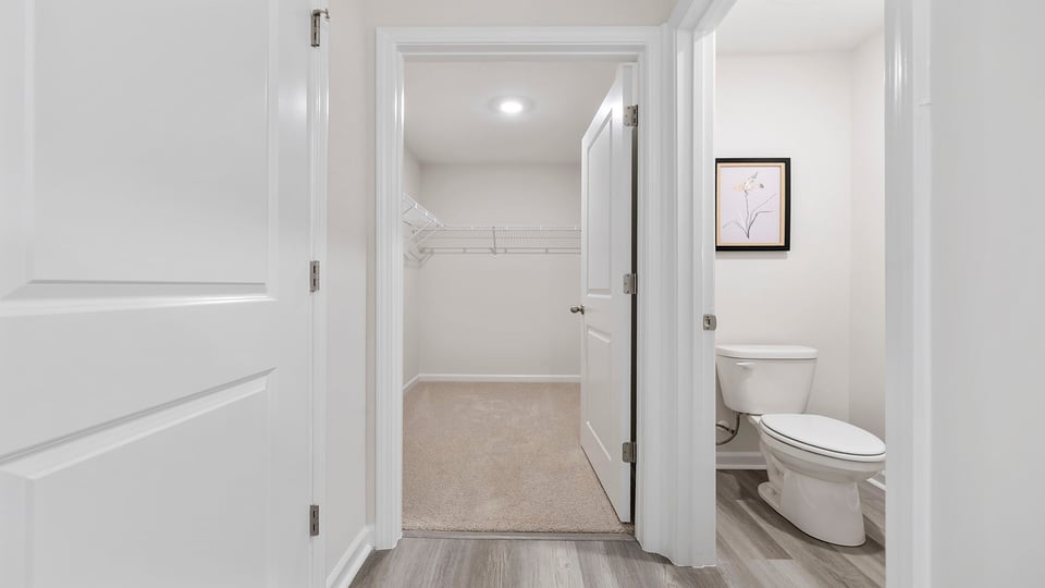 Primary bathroom with doube vanity sinks.