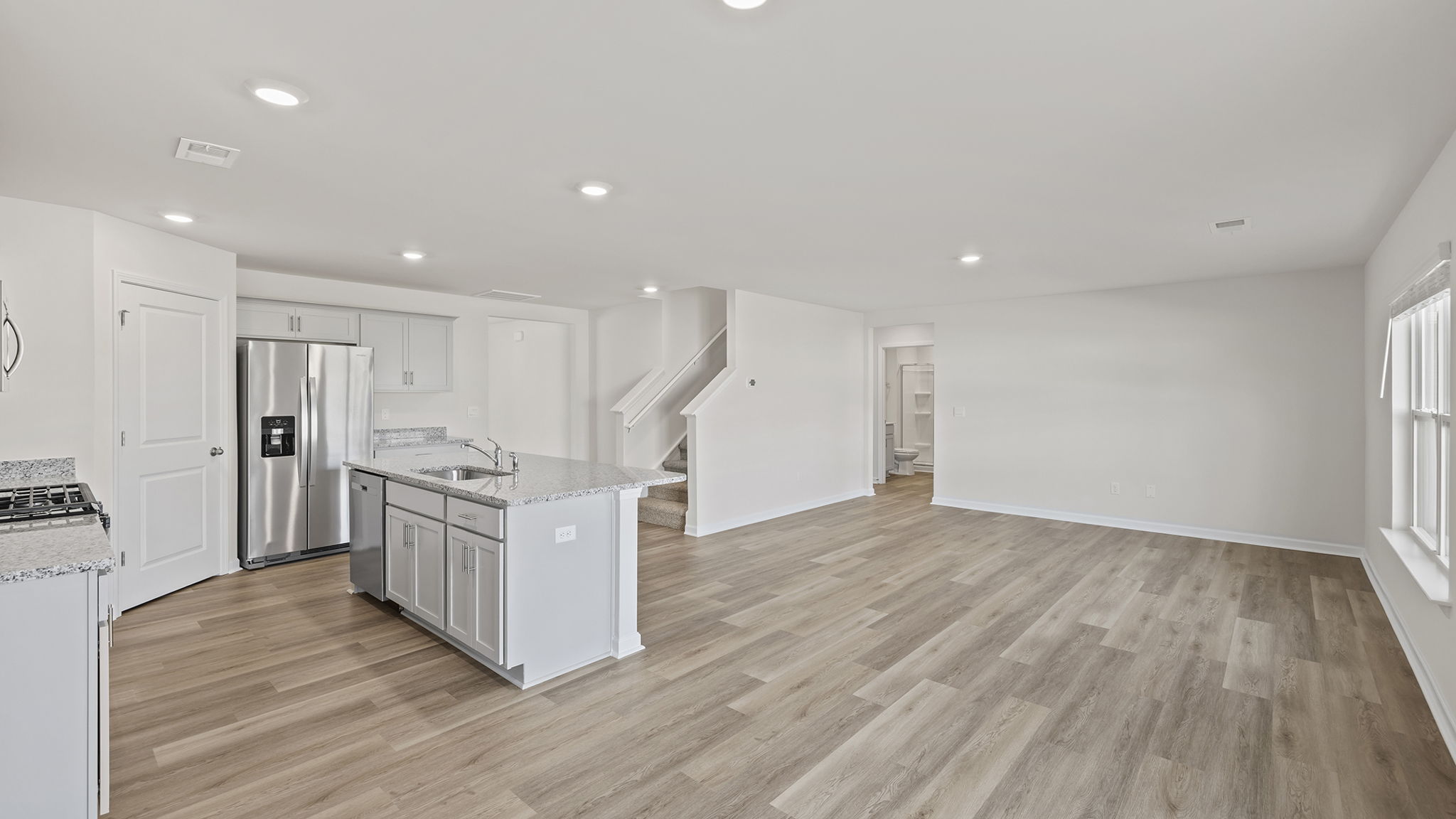 View from dining area of the open floor plan.