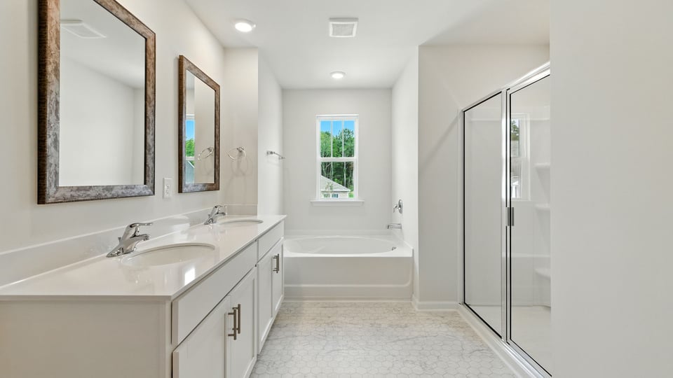 Primary bathroom with double vanity sinks.loset with carpet.