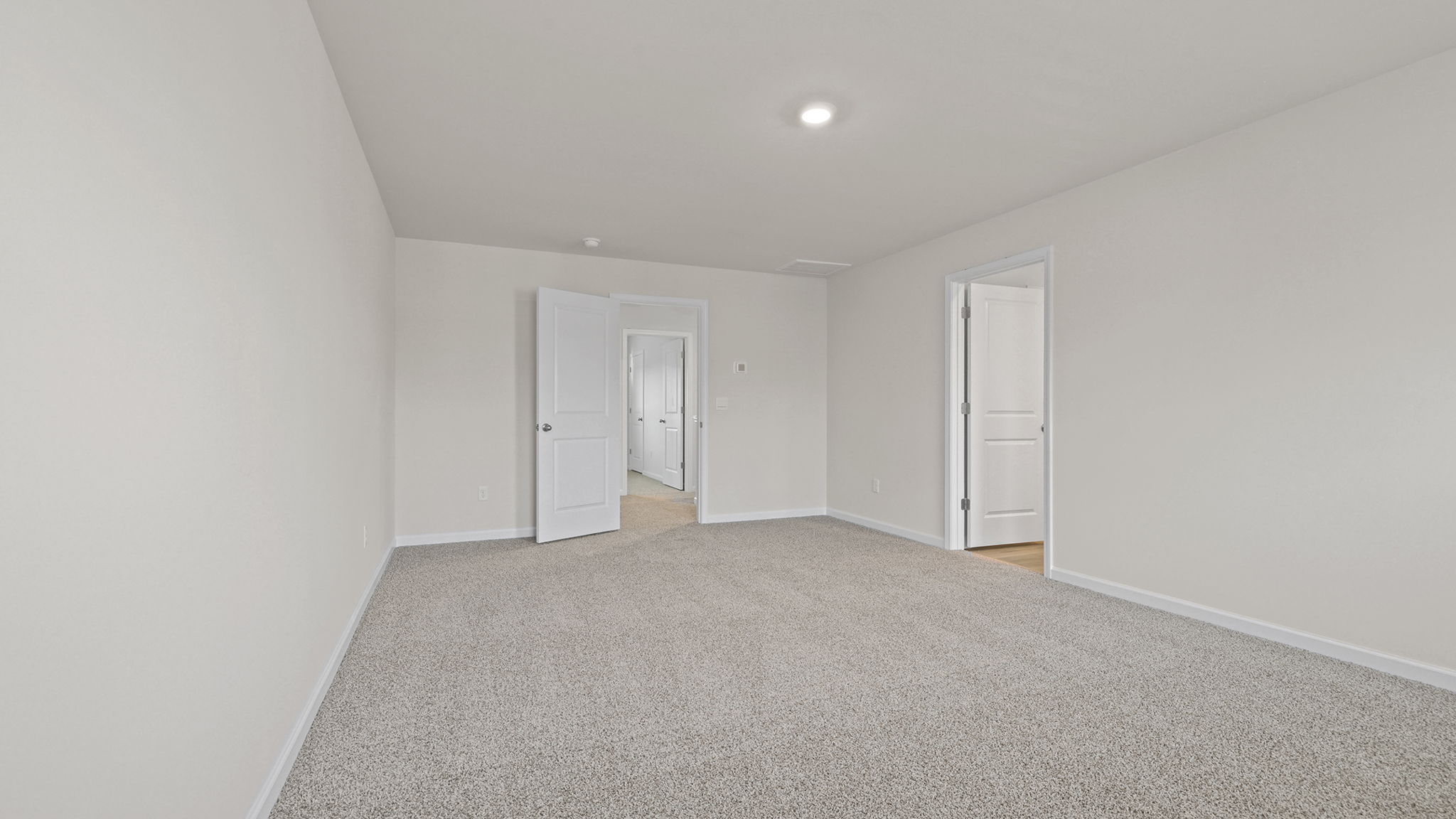 Primary bedroom with windows and carpet.