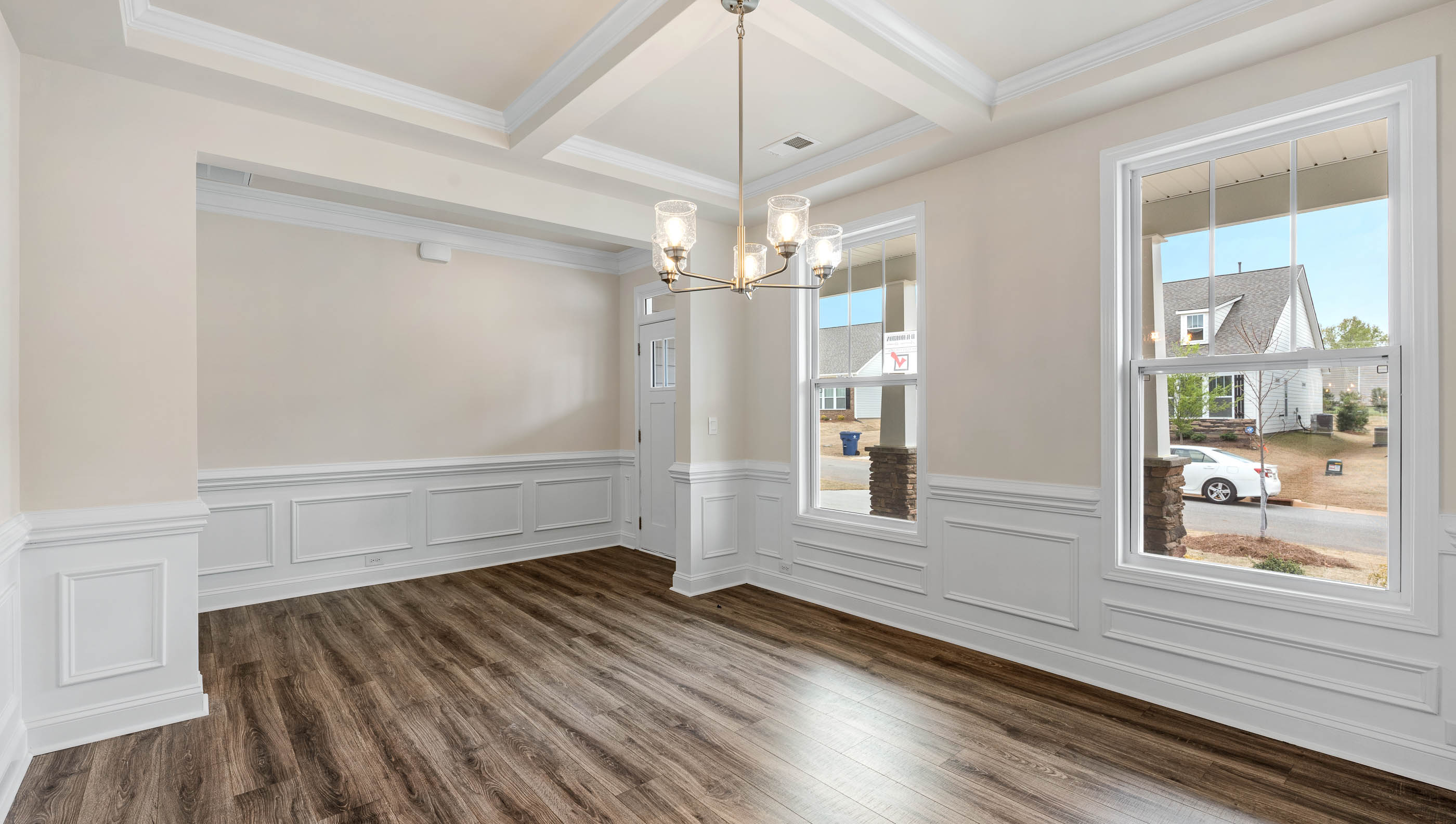 Dining room with windows.