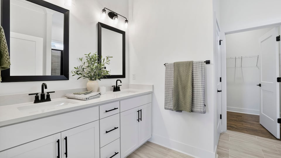 Bathroom with double vanity sink.