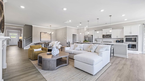 Living area with kitchen view.