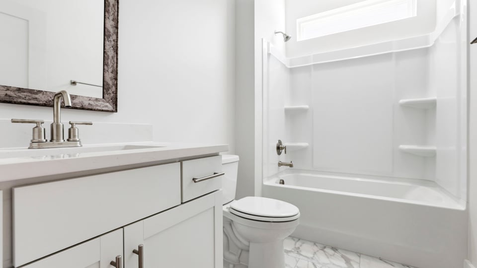 Hall bathroom with vanity and walk-in shower.