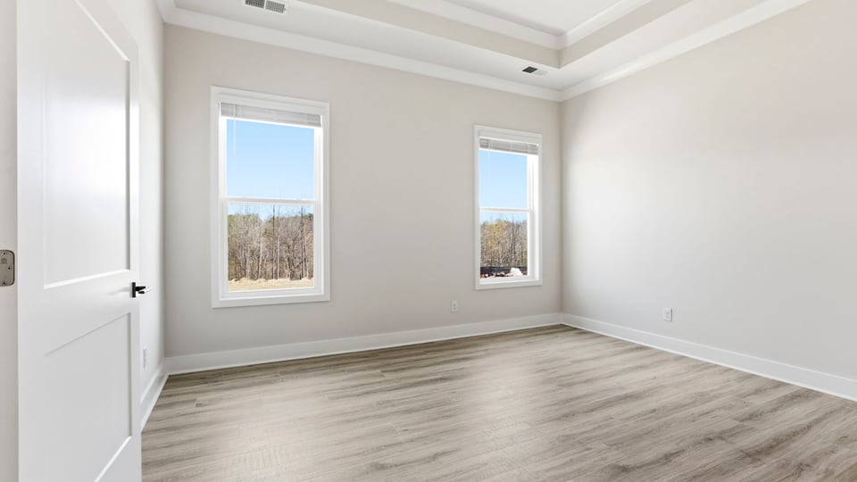 Primary bedroom on the main level with trey ceiling, recessed lighting and two windows.
