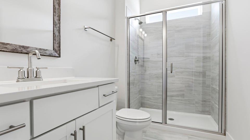 Hall bathroom with vanity and walk-in shower.