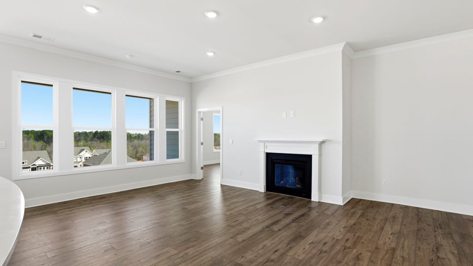 Family room has wall of windows and gas log fireplace.