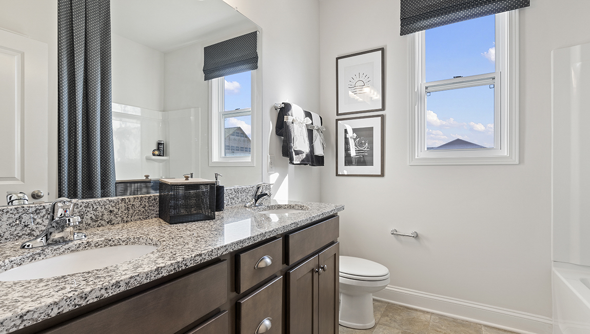 Bathroom with double vanity sink.
