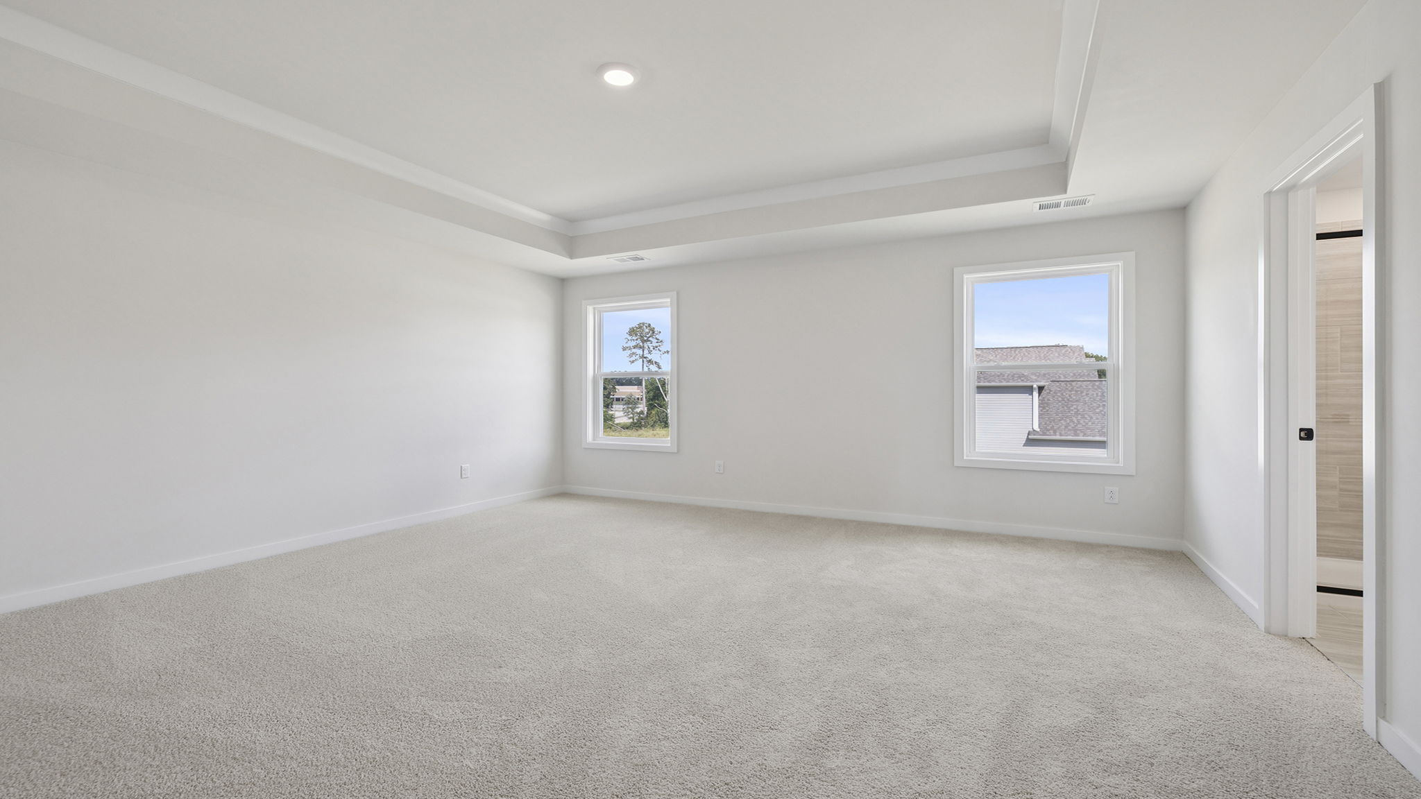Primary bedroom with trey ceiling, two large windows and carpet.