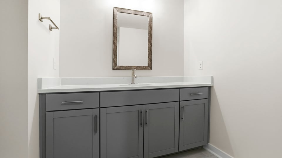 Bathroom with double vanity sink.