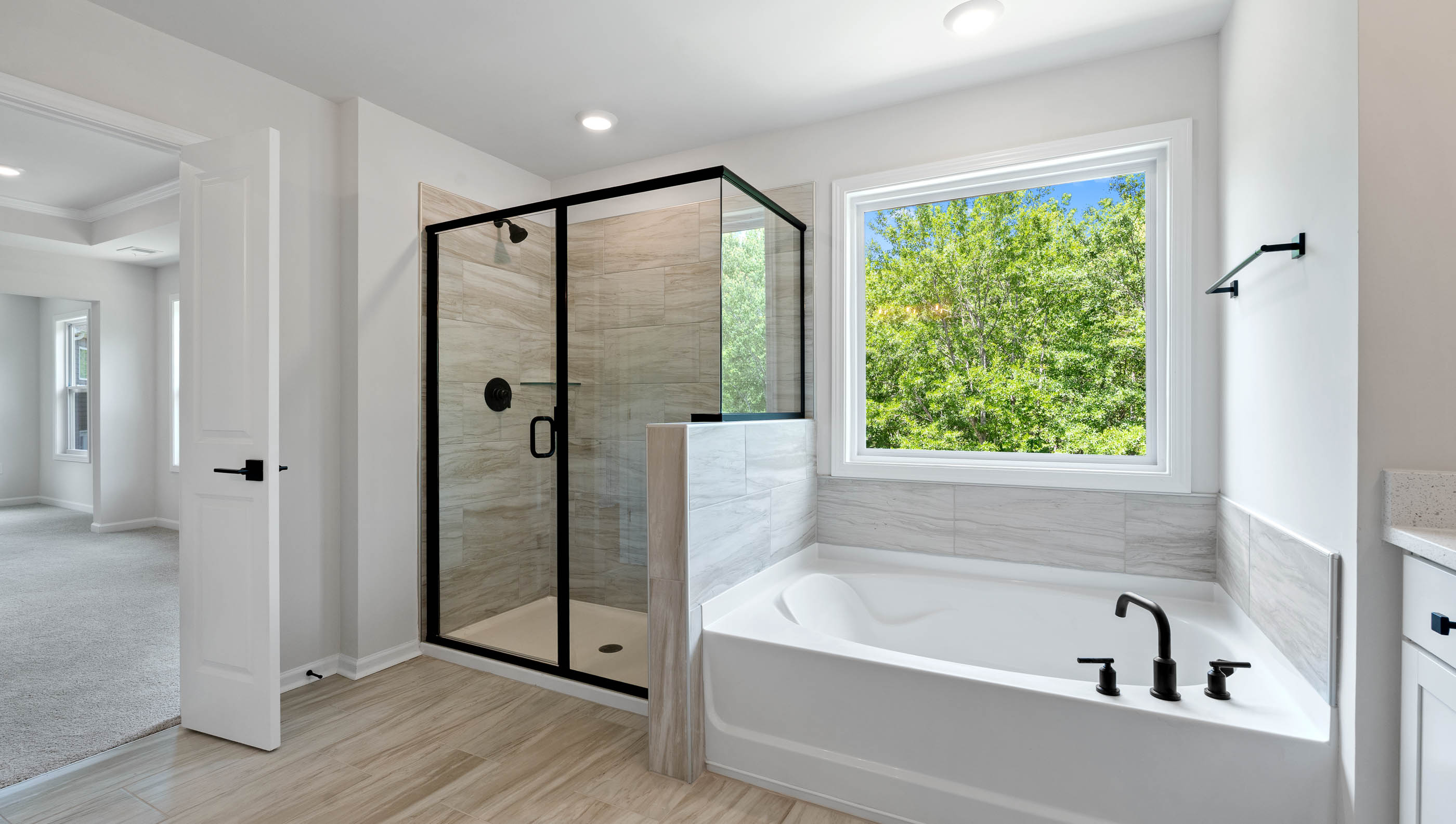 Primary bathroom with walk-in shower and garden tub.