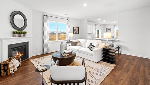 Family room with windows and fireplace.