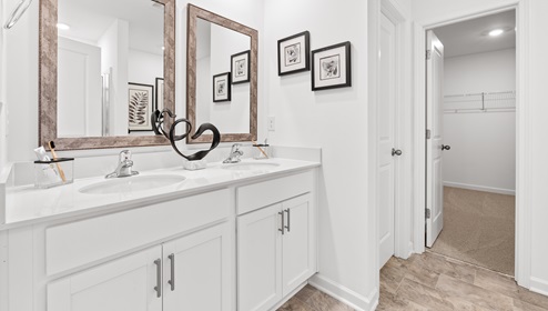 Primary bathroom with double vanity sink and walk in closet.