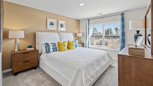Master bedroom with carpet and window.