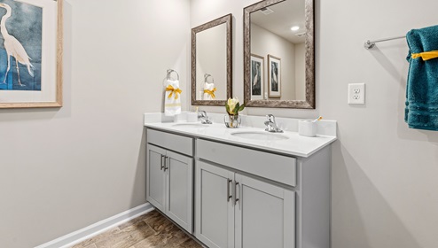 Double sink vanity in primary bathroom.