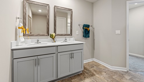 Double sink vanity in primary bathroom.