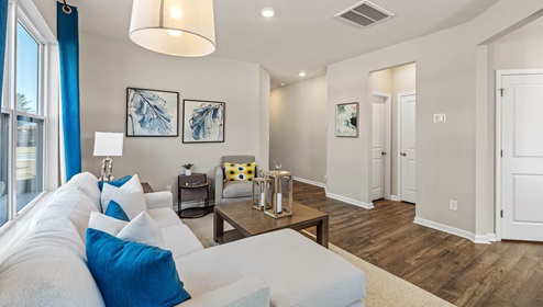 Living room with foyer to front door.
